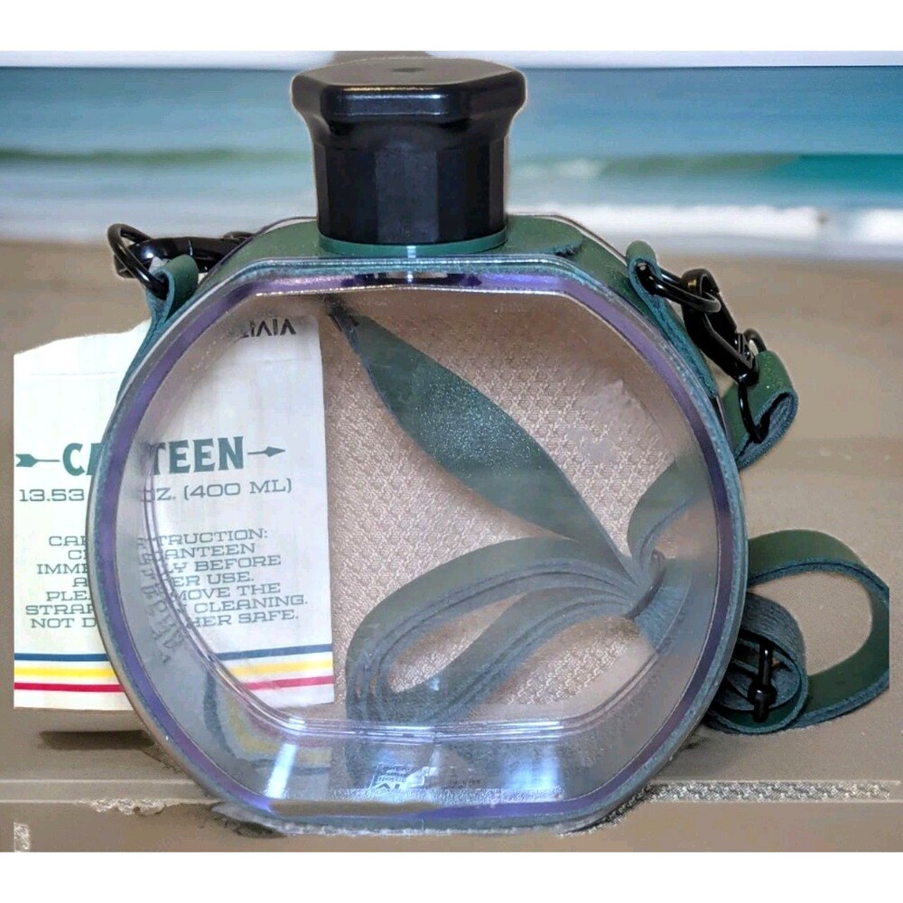 Vivitar Canteen Bottle Green BPA-Free Plastic Lid Faux Leather Straps 13.53oz